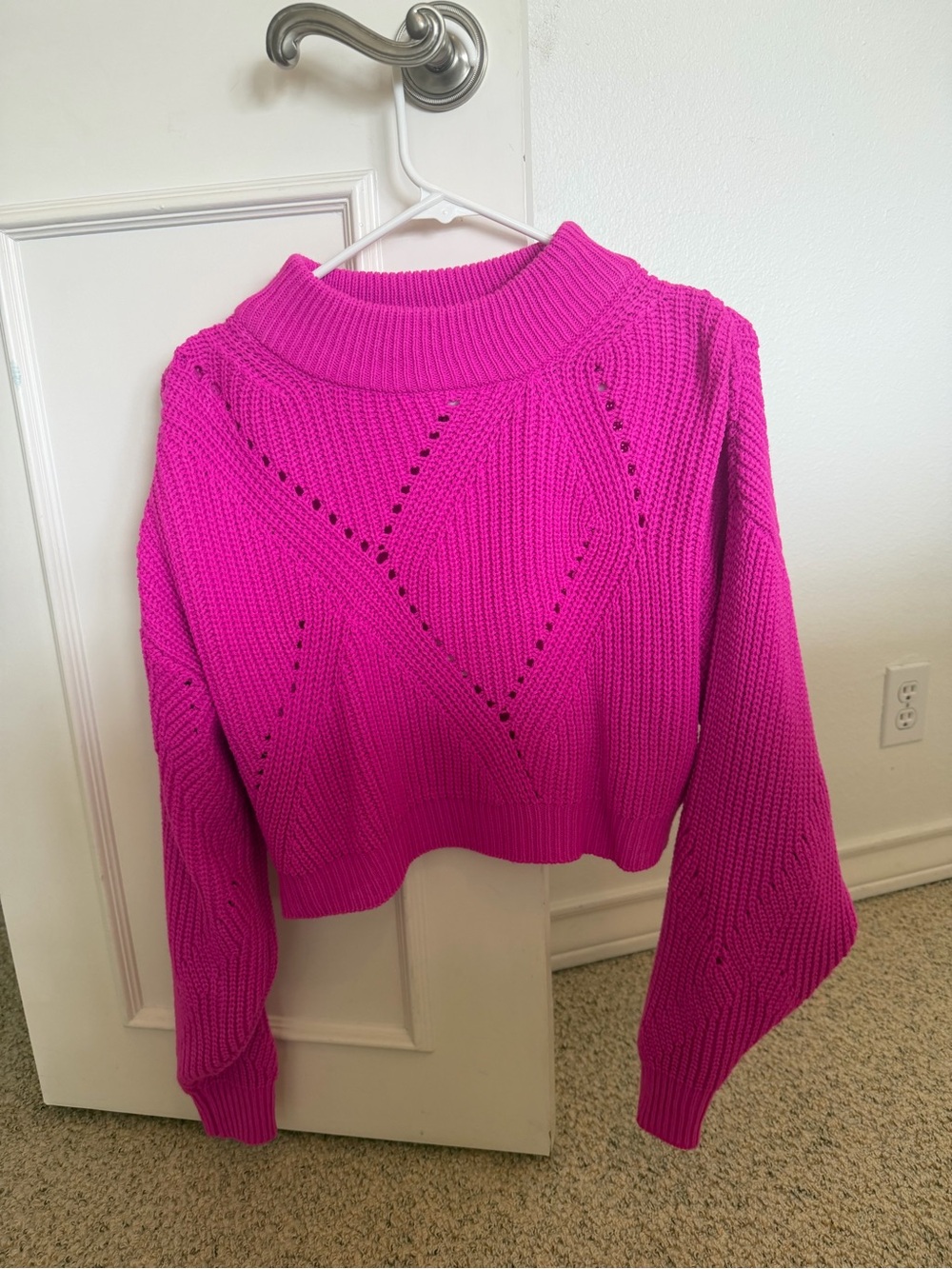 Socialite Cropped Pointelle Turtleneck Sweater - Hot Pink